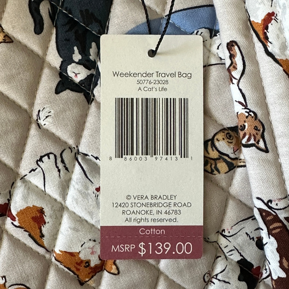 New Vera Bradley A CATS LIFE Weekender Travel Luggage Bag Beige - Picture 8 of 8